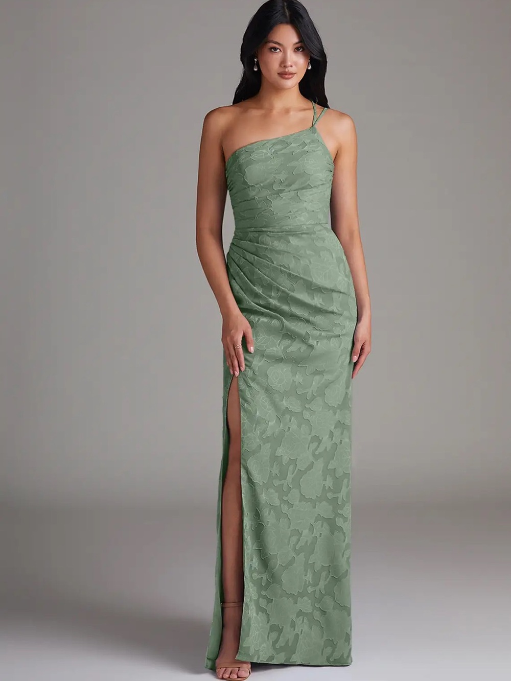 One-Shoulder Sage Green Evening Dress, Side Slit. Azazie Eren dress in Matcha